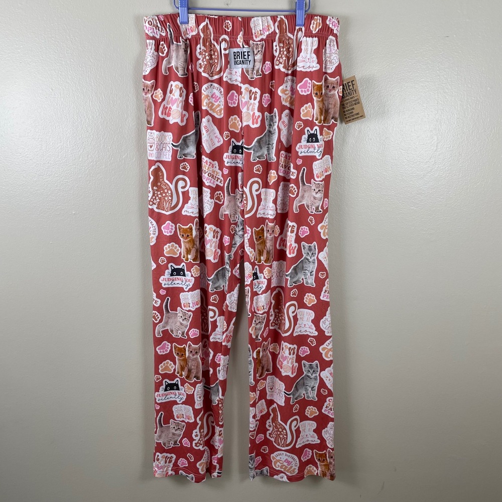 Brief Insanity Women's XL Lounge Pants Red Kitten‎ Stickers Cat Print NEW